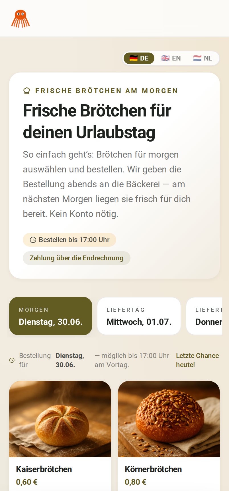 Bestellseite des Brötchen-Service auf dem Handy, Aufnahme aus dem laufenden Betrieb