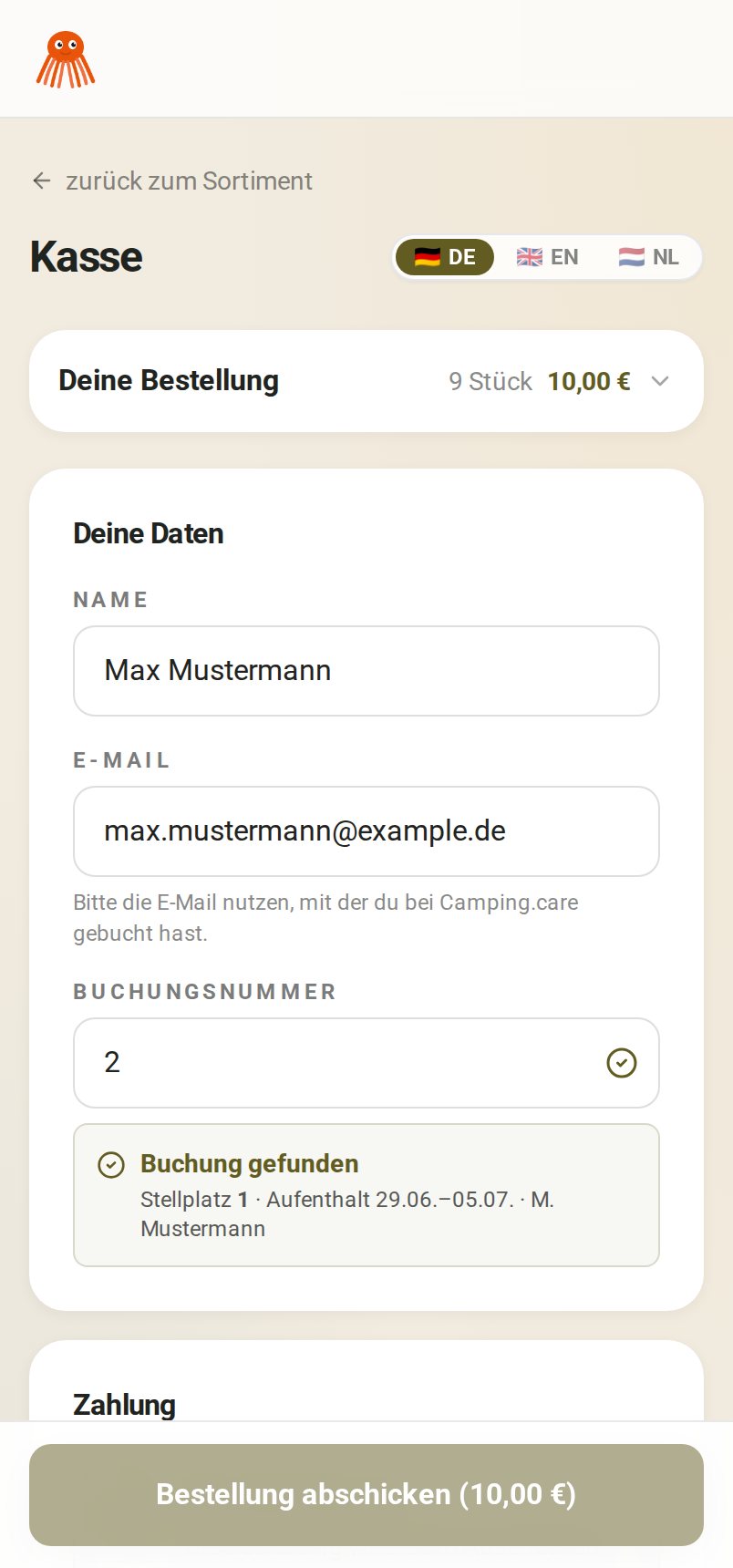 Buchung bestätigen mit Name und Buchungsnummer