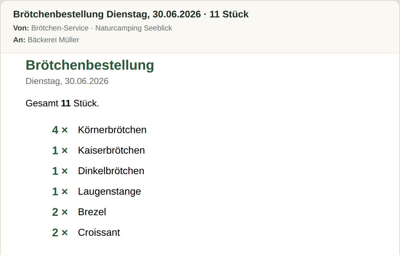 Automatische Sammelmail an die Bäckerei mit der Tagesbestellung