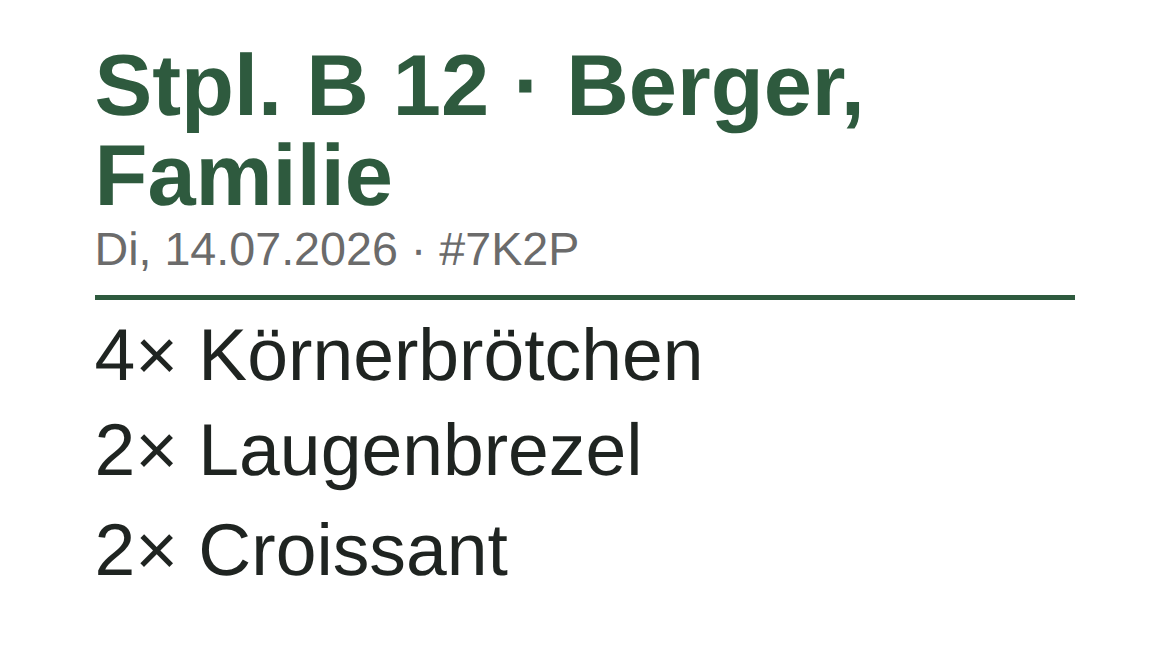 Etikett aus dem System: Stellplatz B 12, Familie Berger, 4 Körnerbrötchen, 2 Laugenbrezeln, 2 Croissants