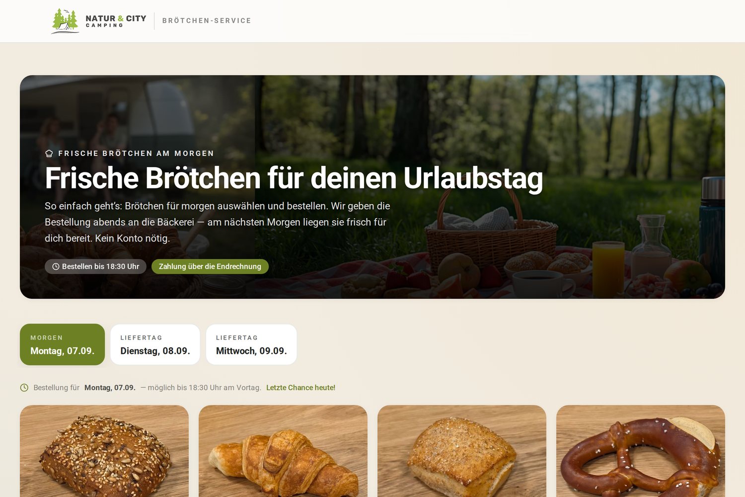 Bestellseite von Natur und City Camping Ellwangen mit Logo, Liefertagen und Sortiment