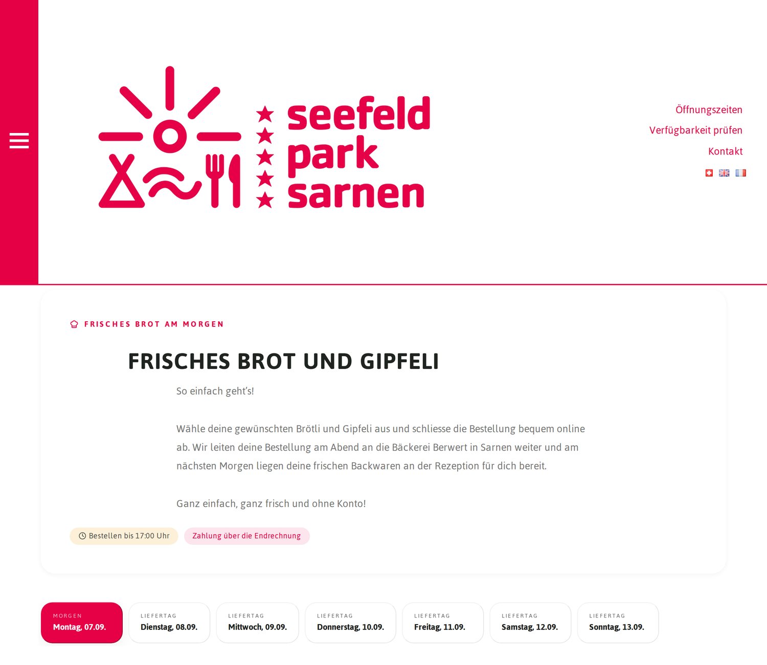 Brötli-Service auf der Webseite von Seefeld Park Sarnen mit Logo und Bestellbereich