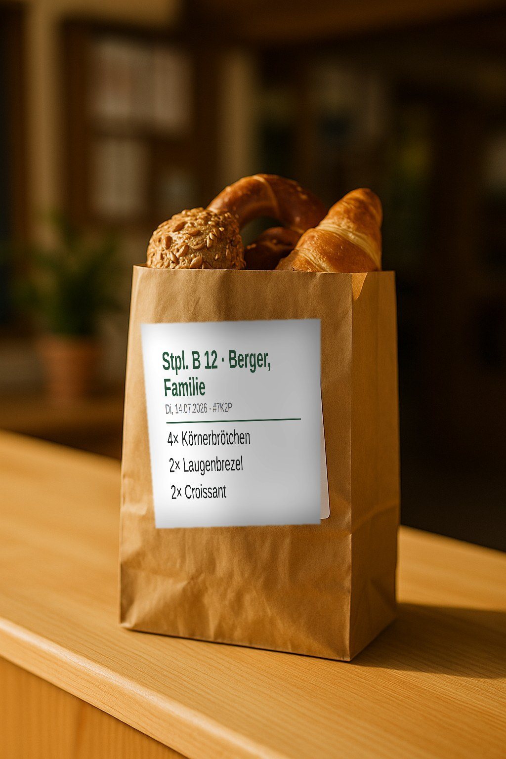Brötchentüte mit aufgeklebtem Etikett: Stellplatz B 12, Familie Berger