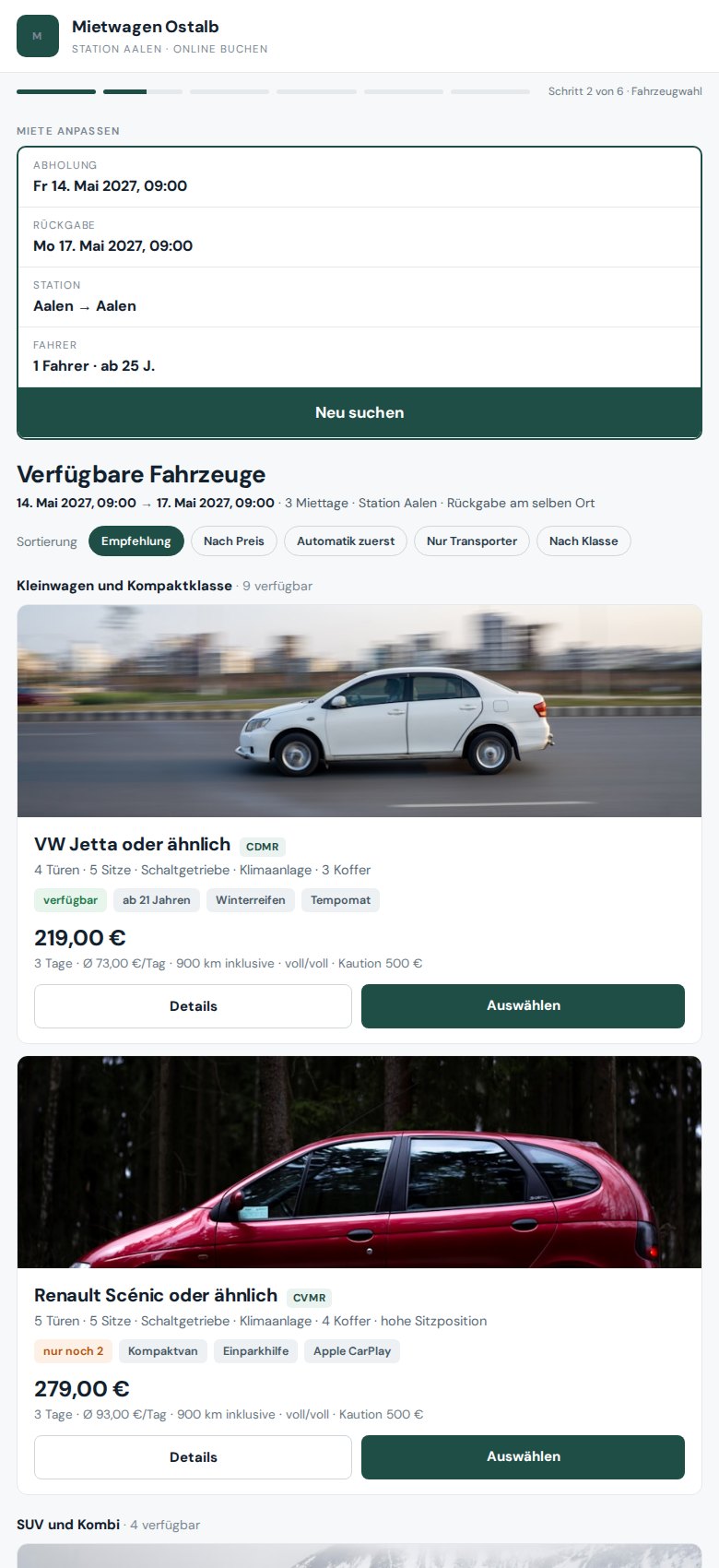 Fahrzeugwahl auf dem Telefon
