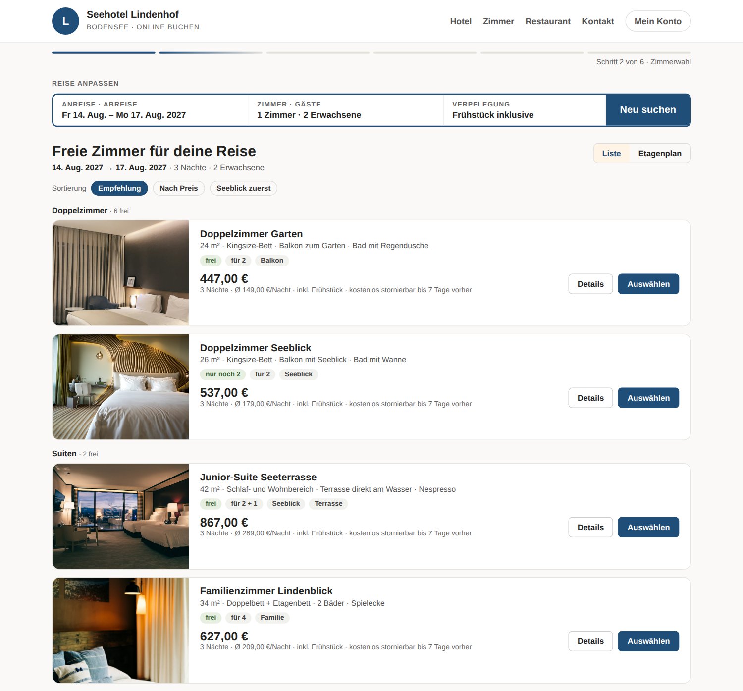 Zimmerliste eines Hotels mit Foto, Preis und Auswahl