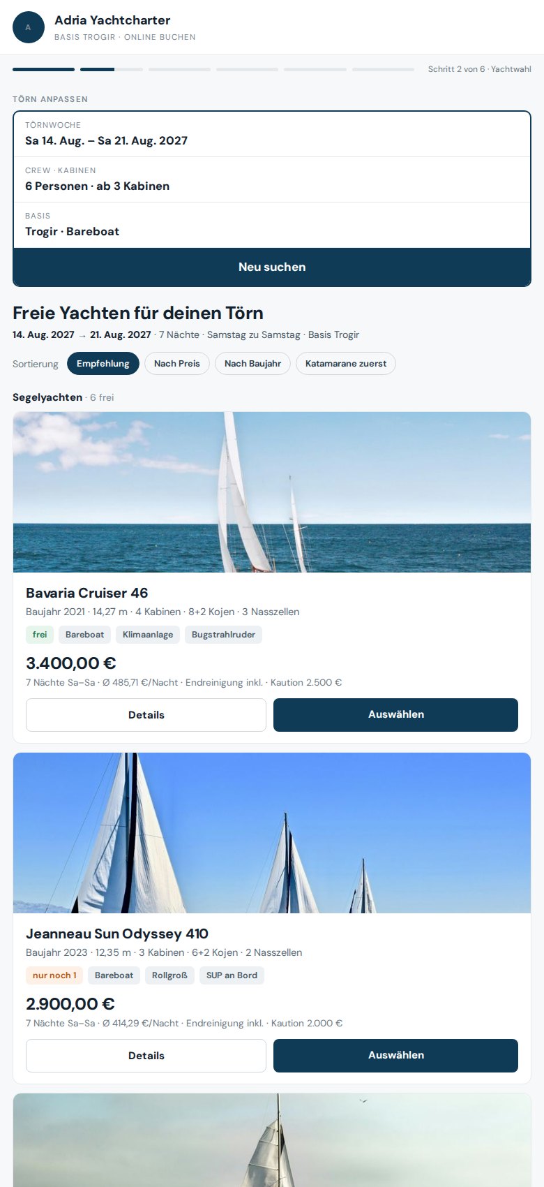 Yachtwahl auf dem Telefon