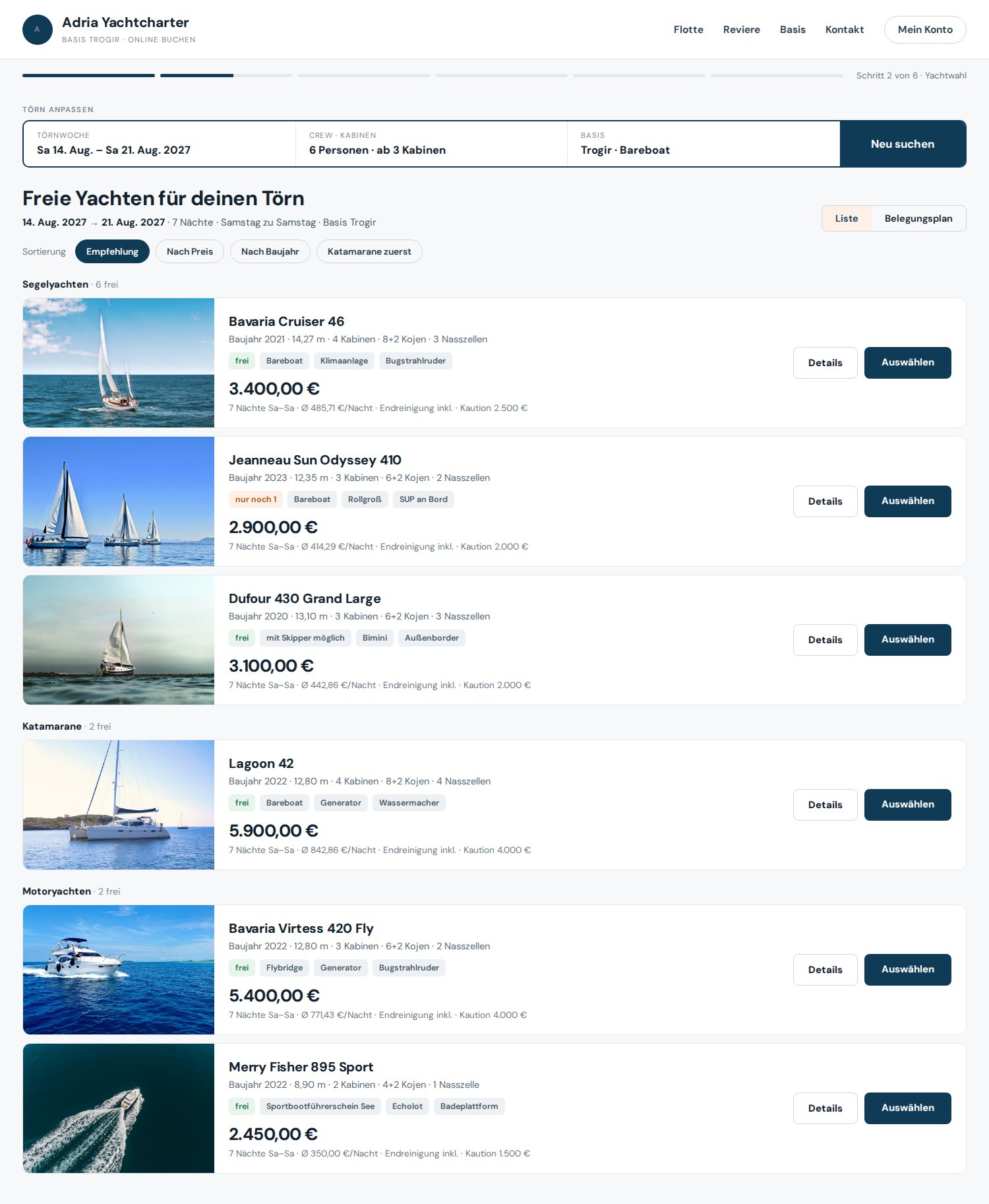 Liste freier Yachten nach Segelyachten, Katamaranen und Motoryachten