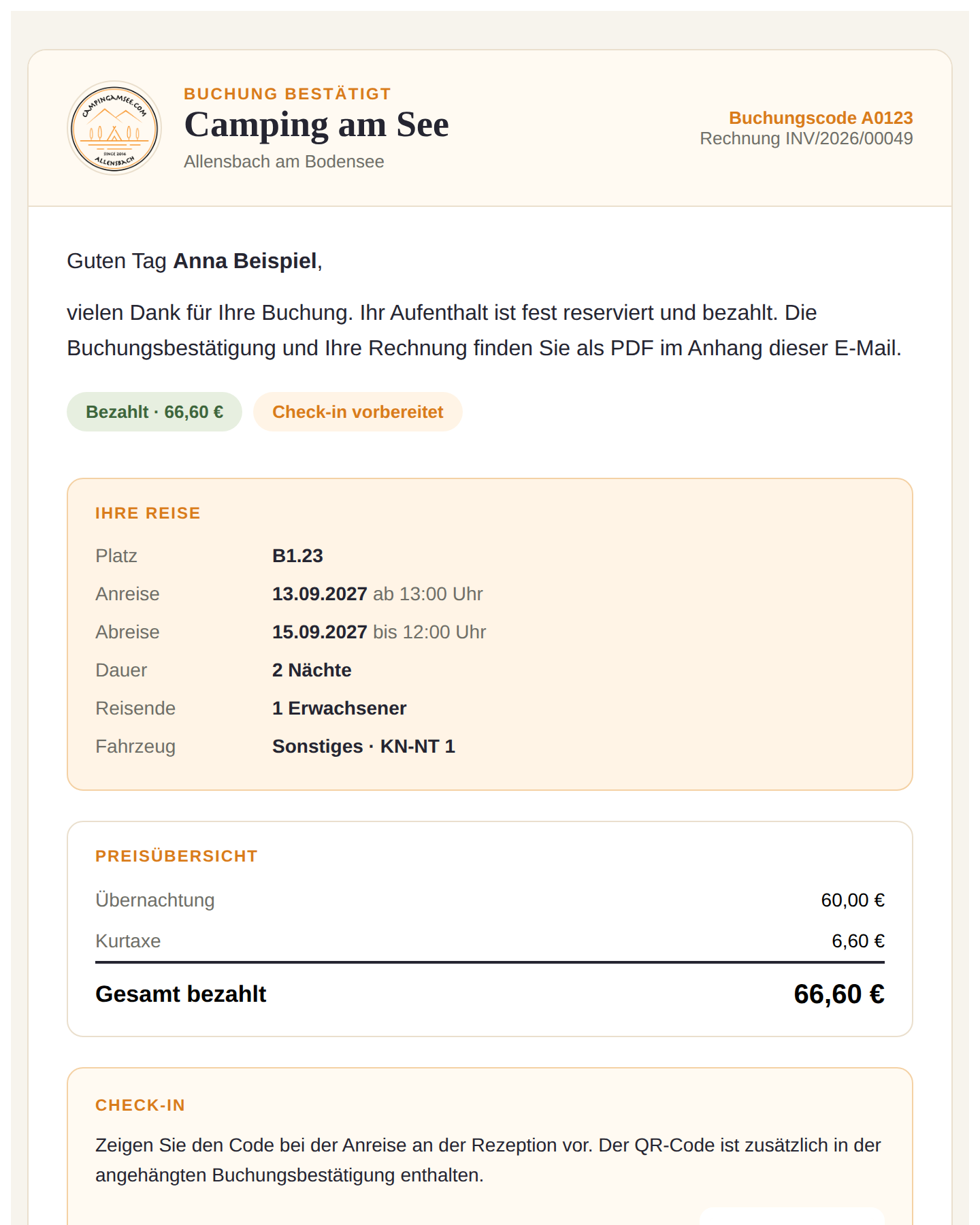 Buchungsbestätigung per E-Mail