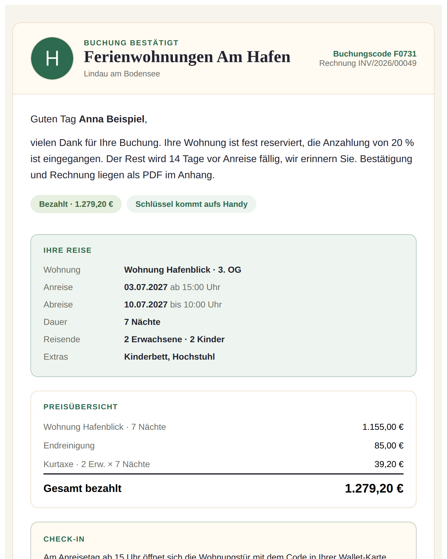 Buchungsbestätigung einer Ferienwohnung per E-Mail