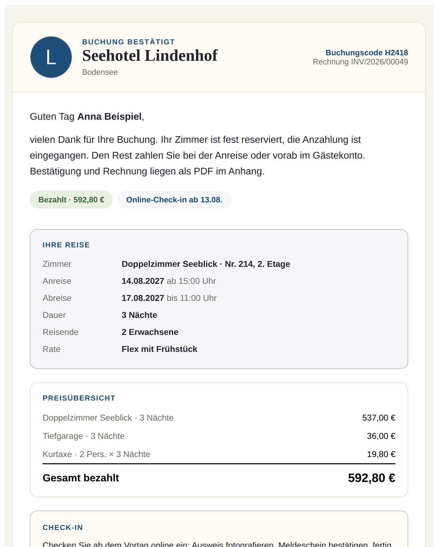 Buchungsbestätigung eines Hotels per E-Mail