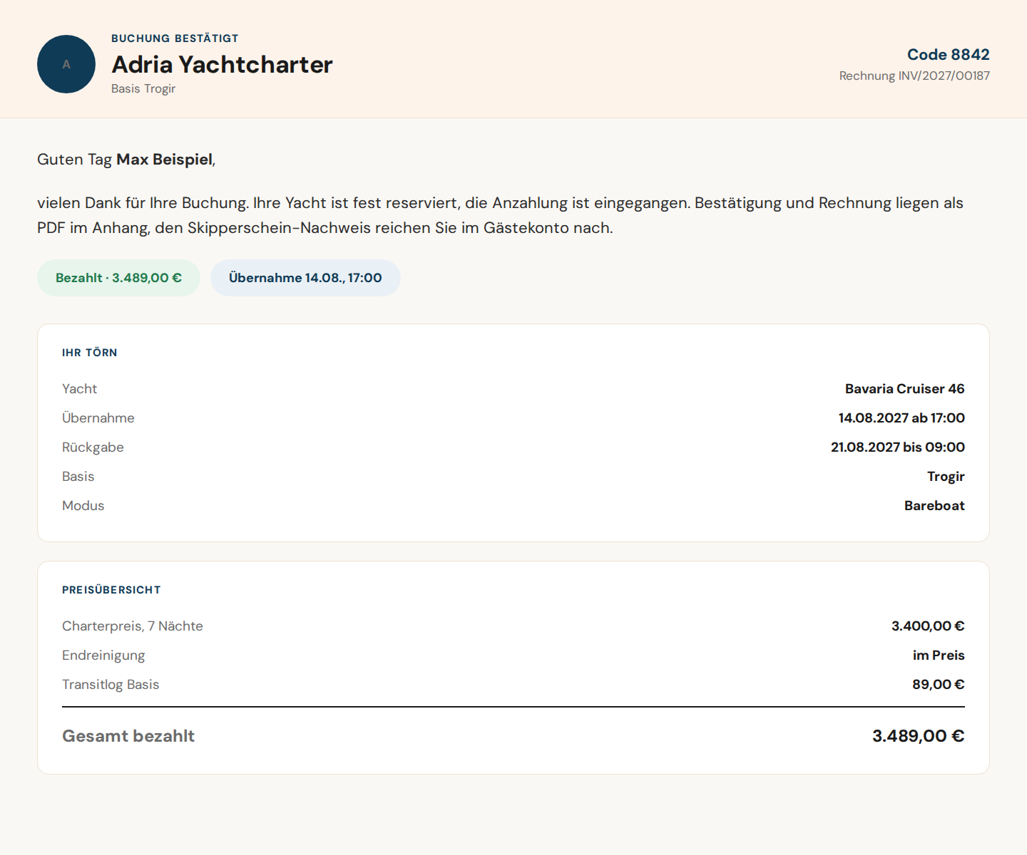 Buchungsbestätigung eines Yachtcharters per E-Mail