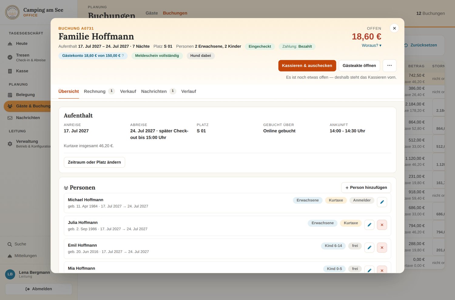 Buchungsmaske am Tresen