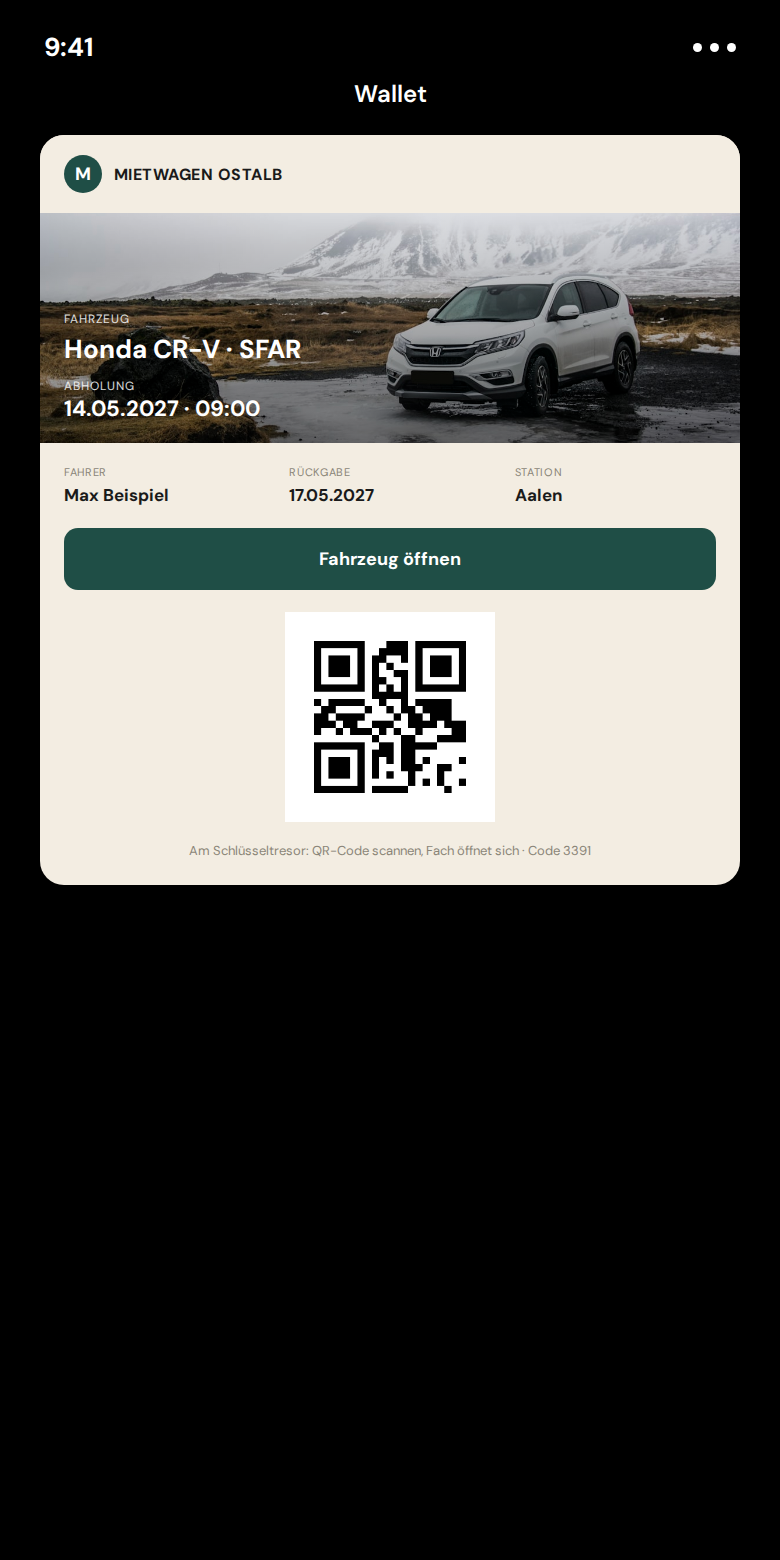 Fahrzeugbuchung als Karte in Apple Wallet
