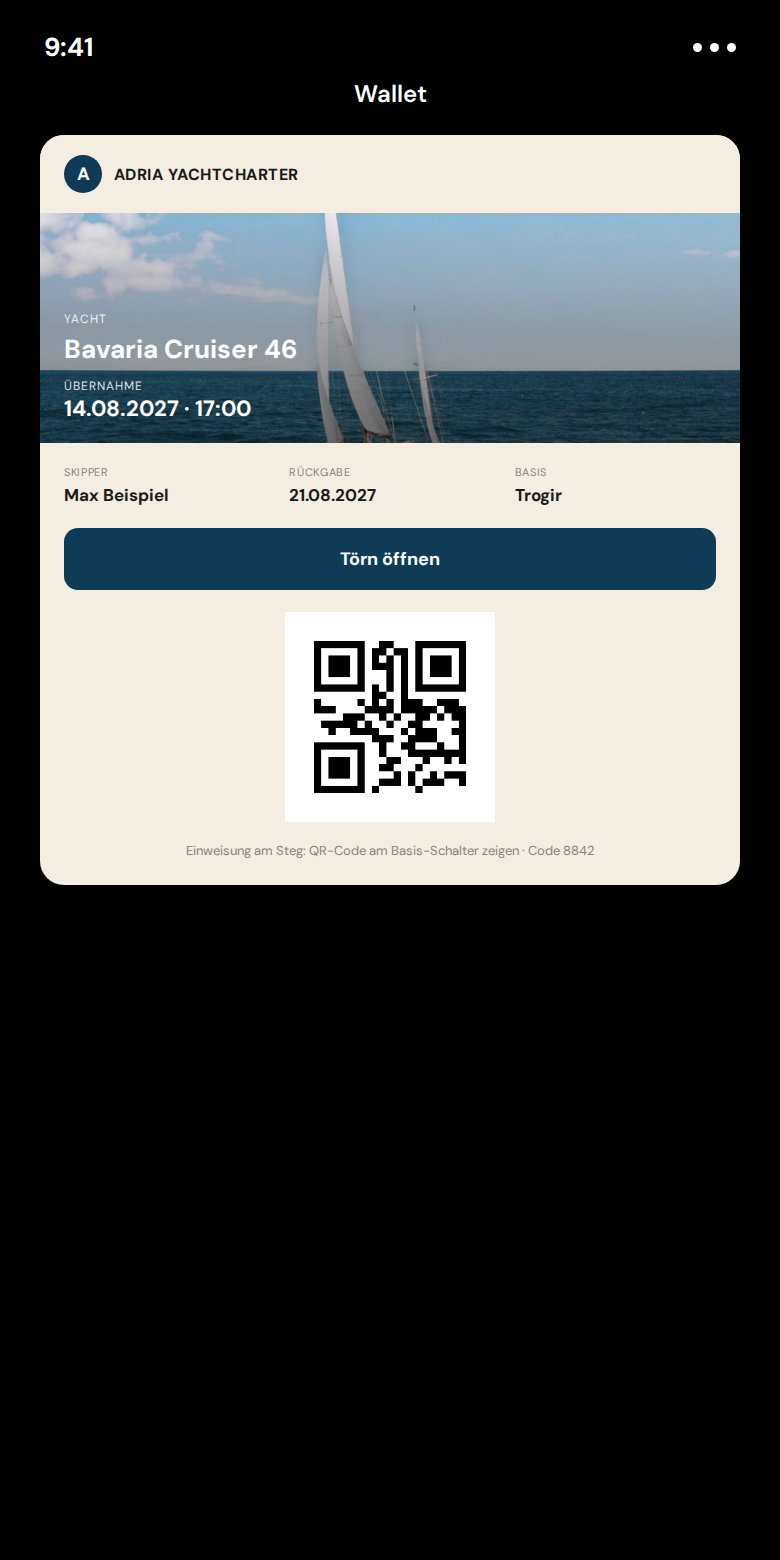 Yachtcharter als Karte in Apple Wallet