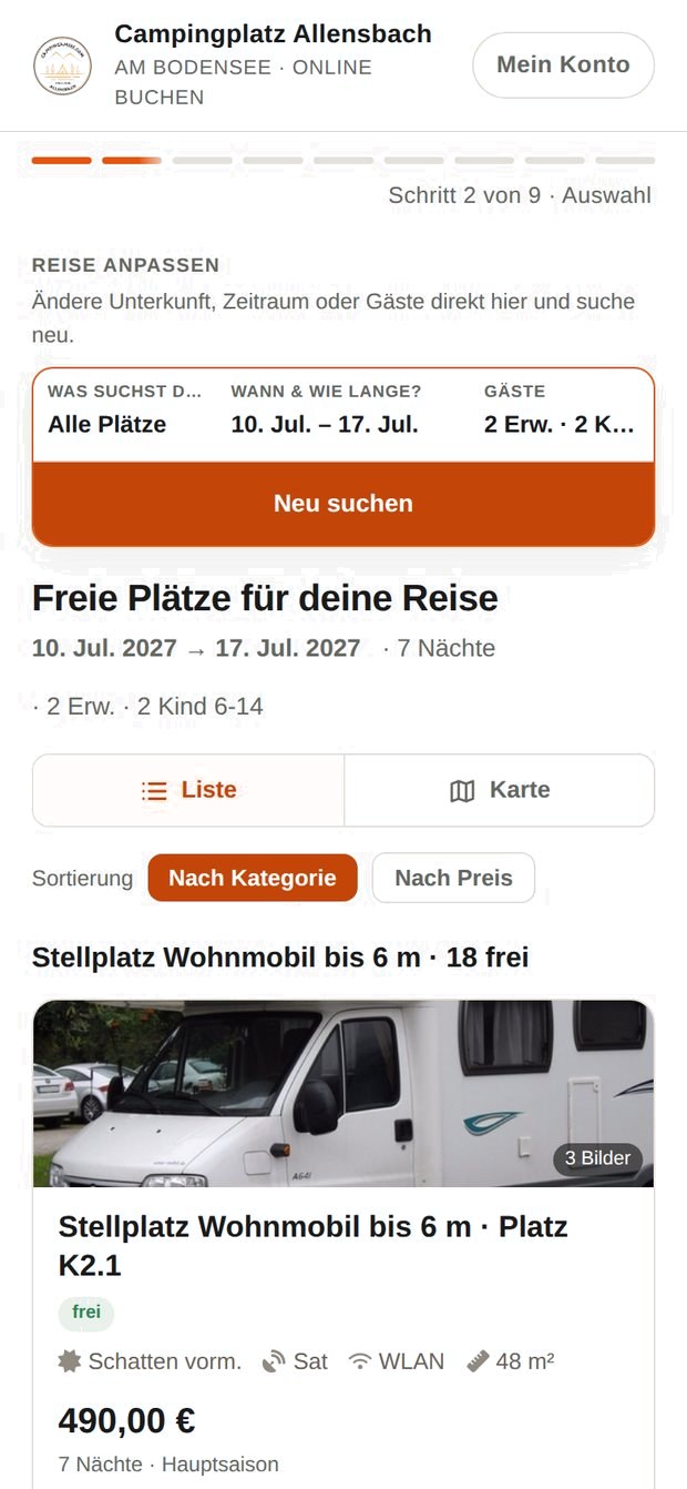 Suche nach freien Plätzen auf dem Telefon, Campingplatz am See