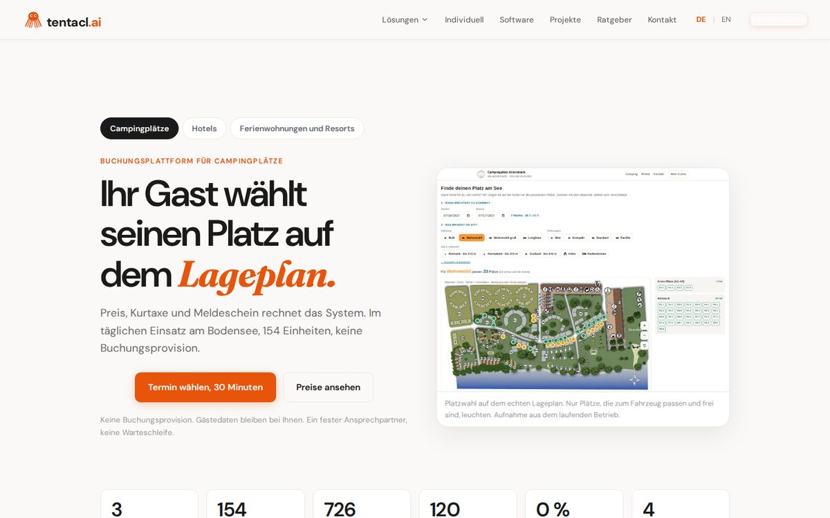Produktseite Buchungsplattform für Campingplätze