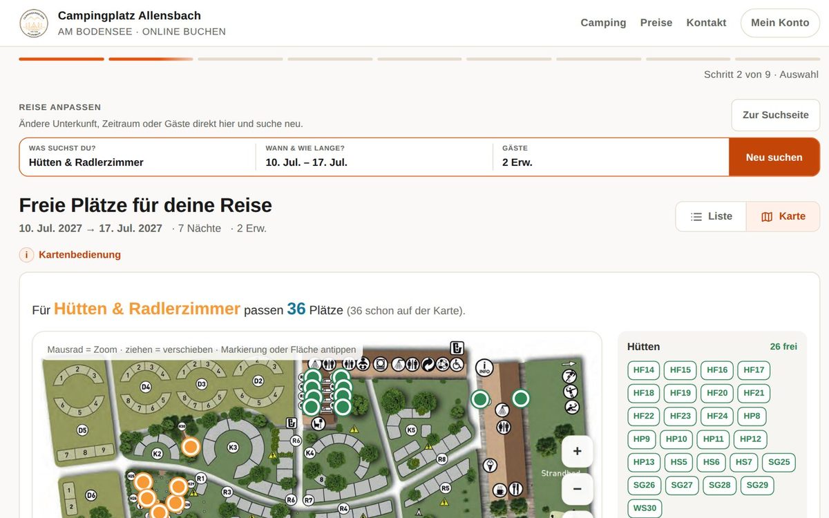 Lageplan der Buchungsplattform von Camping am See in Allensbach